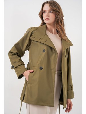 Haki Kruvaze Yaka Kısa Trençkot