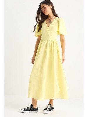Sarı Kruvaze Kapamalı Balon Kollu Uzun Müslin Elbise