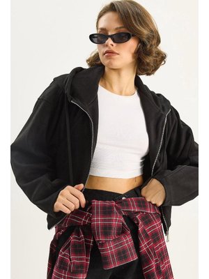 Siyah Kapüşonlu Fermuarlı Cep Detaylı Astarlı Süet Bomber Ceket