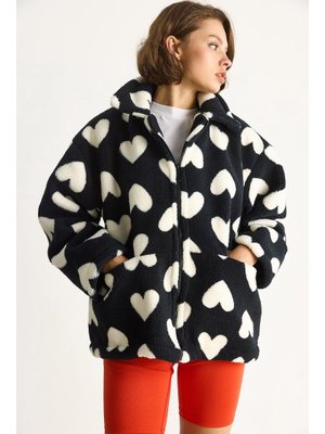 Ekru Kalpli Dik Yaka Cep Detaylı Astarlı Oversize Peluş Mont Siyah