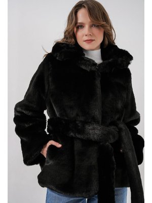 Siyah Peluş Kürk Mont