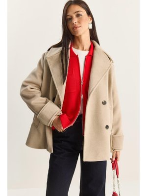 Bej Kruvaze Yaka Astarlı Kısa Oversize Kaşe Kaban