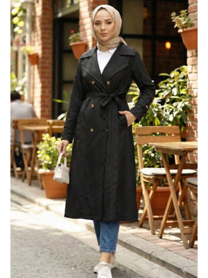 İçi Astarlı Kuşaklı Düğmeli Siyah Bondit Trençkot