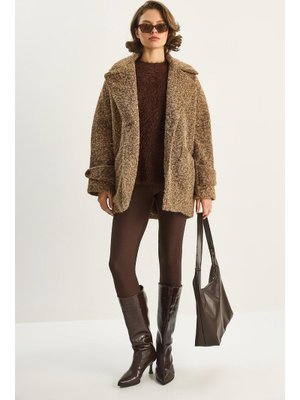 Taba Geniş Yaka Cep Detaylı Oversize Astarlı Buklet Kaşe Kaban