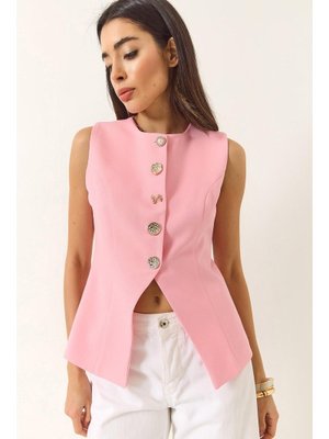 Şeker Pembe Regular Bisilet Yaka Gold Düğme Detaylı Astarlı Dokuma Yelek