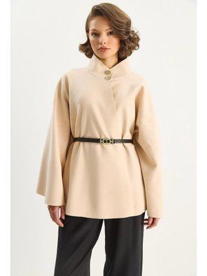 Bej Gold Düğme Detaylı Dik Yaka Kemerli Panço