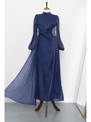 Lacivert Kolu Lastikli Taş Detaylı Abiye Elbise