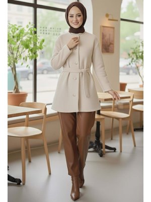 Ekru Değmeli Kuşaklı Kaşe Ceket