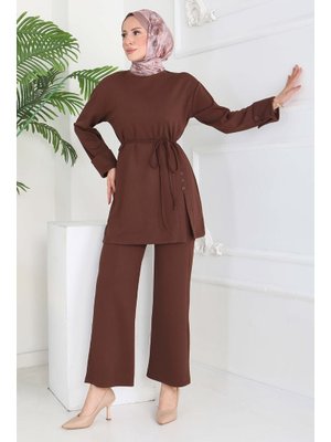 Kahve Düğme Detaylı Modal İkili Takım