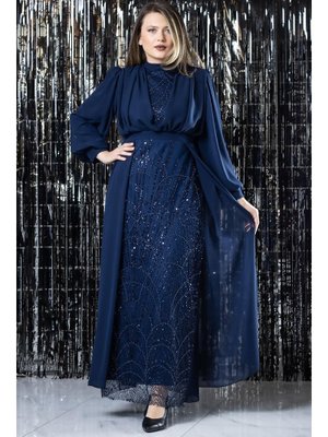 Lacivert İşleme Detaylı Şifon Abiye Elbise