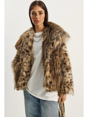 Camel Desenli Geniş Yaka Astarlı Volümlü Premium Suni Kürk