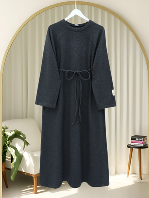 Antrasit Beli Bağlamalı Yuvarlak Yaka Selanik Elbise