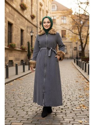 Tüylü Yakalı Kuşaklı Denim Siyah Kot Kap