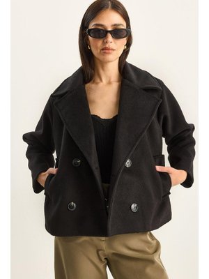 Siyah Kruvaze Yaka Cep Detaylı Astarlı Kaşe Ceket Kaban