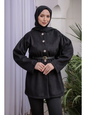 Siyah Bel Lastikli Kemerli Kaşe Çeket