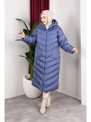 Mavi Kapüşonlu Cepli Şişme Mont