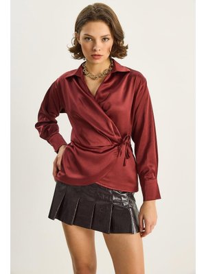 Bordo Kruvaze Yandan Bağlamalı Saten Gömlek