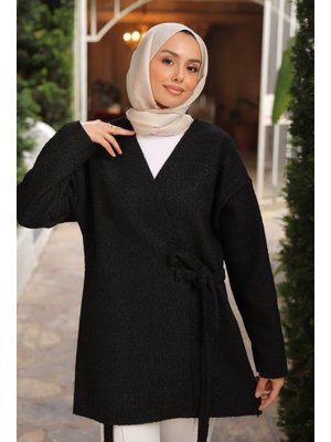 Siyah Yan Bağlamalı Buklet Kimono Ceket