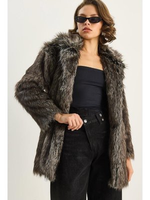 Gri Kruvaze Yaka Astarlı Araboy Suni Kürk Kaban Siyah