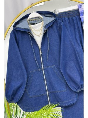 Lacivert Fermuar Detaylı Pantolonlu Kot Takım