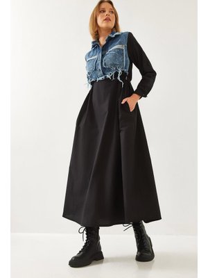 Siyah Denim Garnili Uzun Kloş Elbise