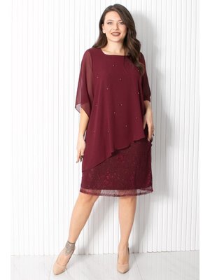 Bordo İncili Şifon Abiye Elbise