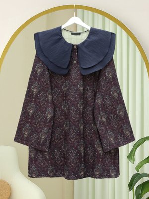 Mürdüm Önlük Yaka Yarım Düğmeli Yırtmaçlı Kapitone Tunik