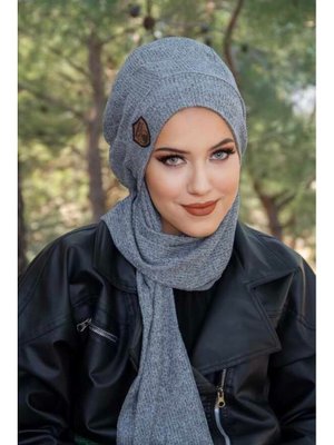 Gri Melanj İnce Örme Armalı Bere