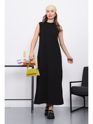 Siyah Sıfır Kol Penye İçlik Elbise