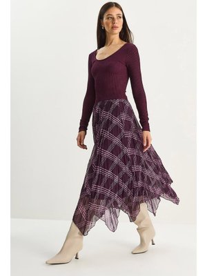 Mor Ekose Desenli Kırışık Efektli Astarlı Midi Şifon Etek