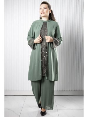 Haki Taş Payet İşlemeli Şifon Pantolon Tunik Takım