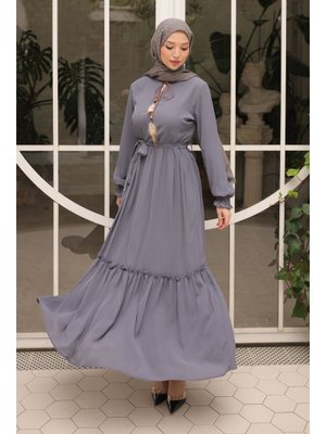 Gri Eteği Katlı Kuşaklı Şifon Elbise