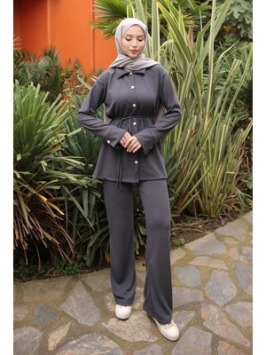 Antrasit Fitilli Bel Bağlamalıı Tunik Pantolonlu Takım