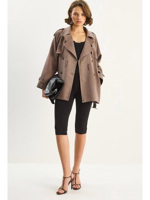 Sütlü Kahve Ekose Astarlı Apolet Detaylı Kemerli Allerli Kruvaze Trençkot