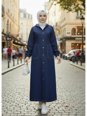 Düğmeli Kapüşonlu Cepli Kot Lacivert Kap