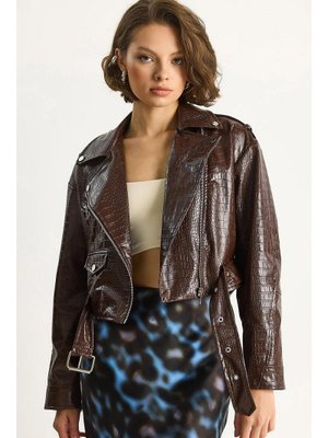 Acı Kahve Kemerli Krokodil Crop Suni Deri Ceket