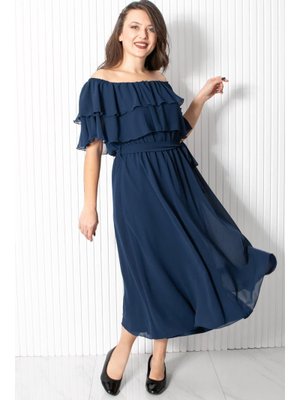 Lacivert Karmen Yaka Şifon Abiye Elbise