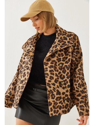 Siyah Camel Kruvaze Yaka Düğmeli Kaşe Ceket