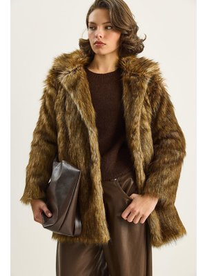 Camel Kahverengi Kruvaze Yaka Astarlı Araboy Suni Kürk Kaban