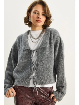 Füme Yakalı Bağlama Detaylı Triko Hırka