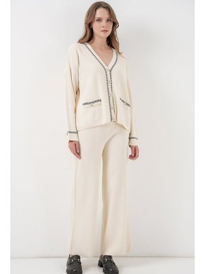 Ekru Nakışlı Triko Hırka Pantolon İkili Takım