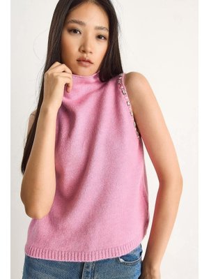 Pembe Taş Detaylı Yarım Balıkçı Yaka Triko Bluz