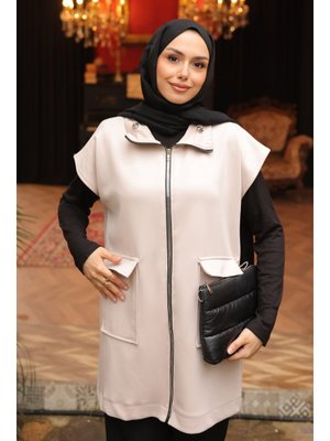 Bej Yakası Ve Beli Stoper Lastikli Cepli Scuba Yelek