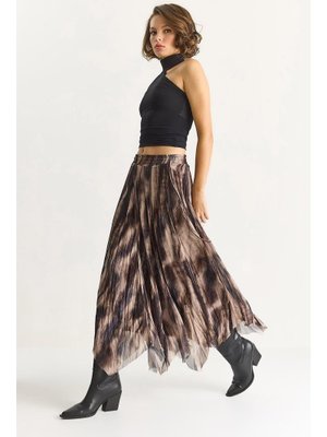 Kahverengi Bej Desenli Asimetrik Kesim Astarlı Şifon Bohem Etek