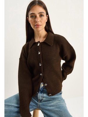 Acı Kahve Gömlek Yaka Düğme Detaylı Örgü Triko Hırka