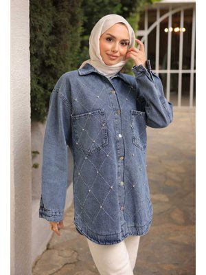 Mavi Taş İşlemeli Kot Ceket