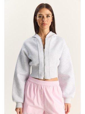 Gri Fermuarlı Kapüşonlu Belden Oturmalı Esnek Örme Crop Sweatshirt