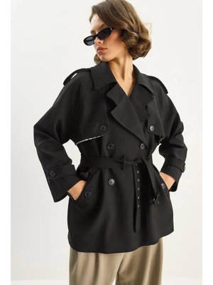Siyah Ekose Astarlı Apolet Detaylı Kemerli Allerli Kruvaze Trençkot