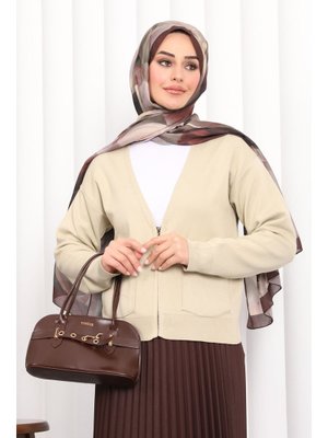 Bej Çift Cepli Fermuarlı Triko Hırka