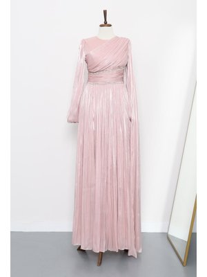 Pudra Bel Büzgülü Taşlı Abiye Elbise